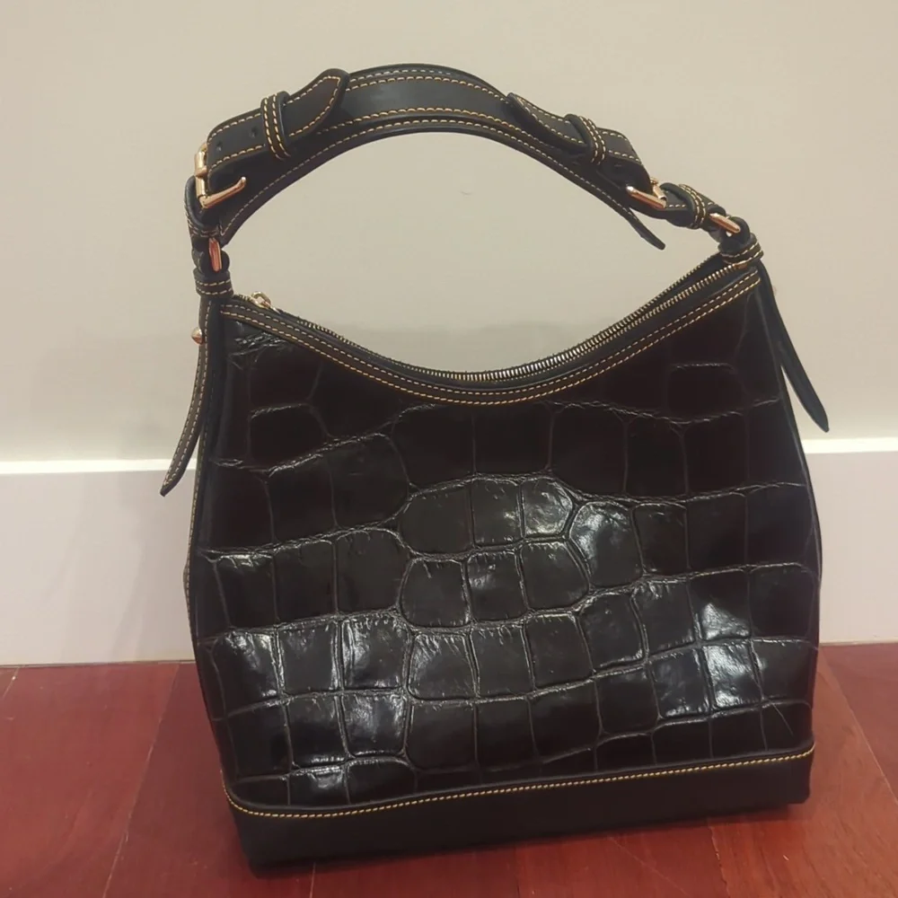 Dooney & Bourke Black Croc-Embossed Hobo Bag With Gold Hardware Like New